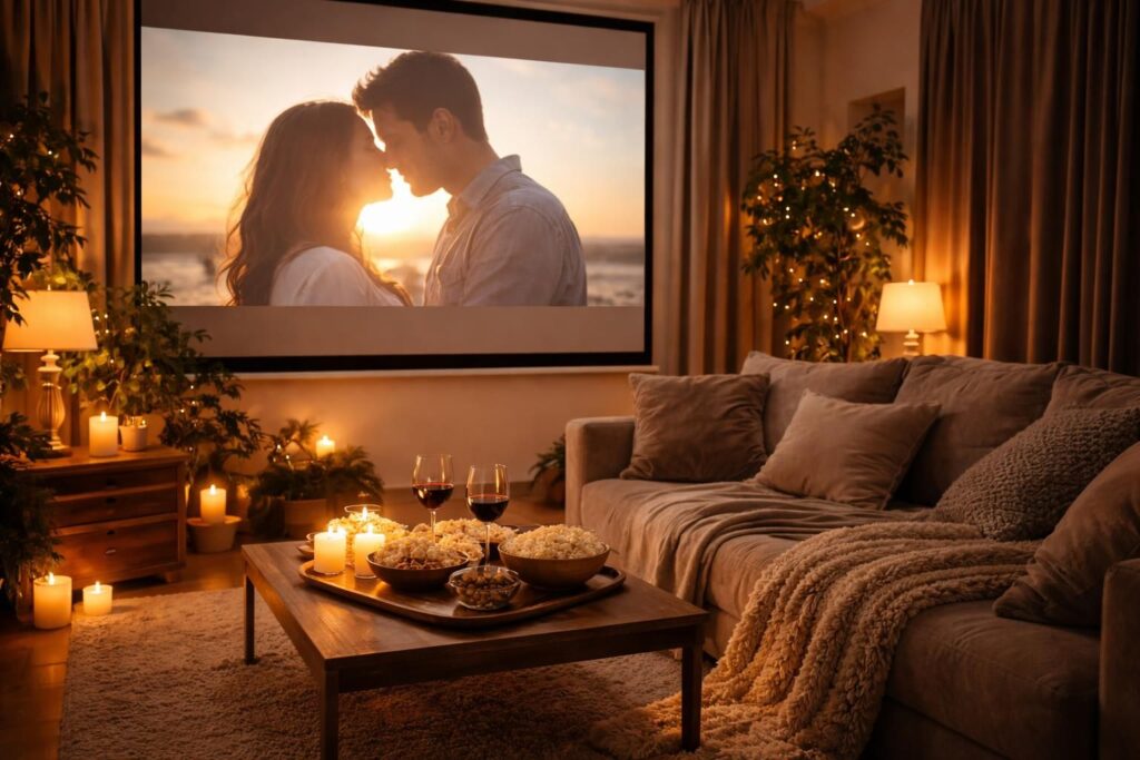 découvrez comment transformer votre salon en un cinéma romantique avec un écran de projection, pour des soirées inoubliables en amoureux.